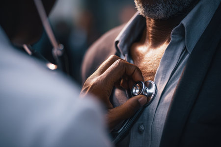 A healthcare professional uses a stethoscope to check a patient's heartbeat in a medical examination room, highlighting attentive care and professionalism in a clinical setting.の素材