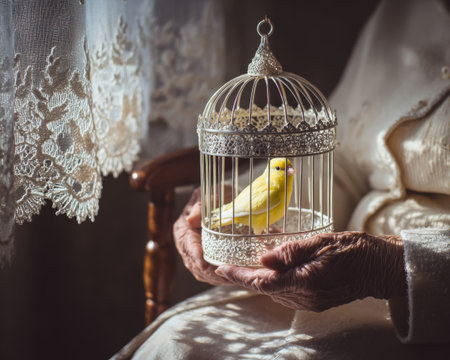 An elderly person in a wheelchair gently holds a delicate birdcage with a yellow bird inside, capturing a serene and tender moment filled with emotion and beauty.の素材