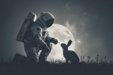 An astronaut kneels on a Martian landscape, feeding a creature under a giant moon. This surreal moment captures the essence of space exploration and imagination.の素材
