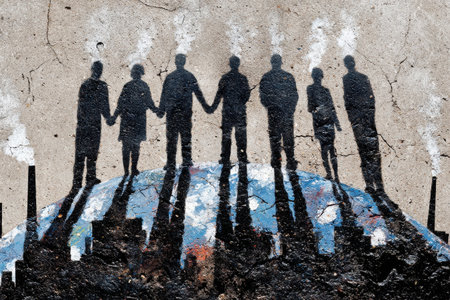 A powerful mural depicting silhouettes of people holding hands on a globe, symbolizing unity and awareness around industrial pollution and environmental issues.の素材