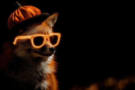 A whimsical fox wearing a pumpkin hat and vibrant orange sunglasses dabs playfully. This surreal portrait captures a charming and humorous expression, perfect for autumn themes.の素材