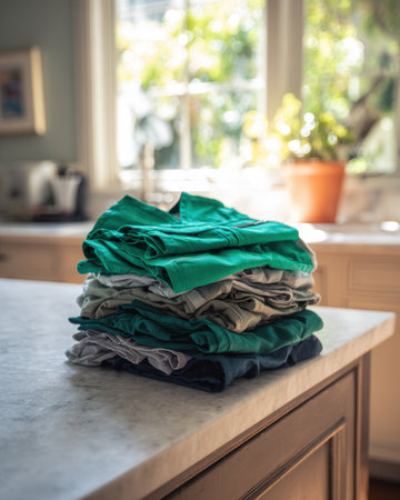A vibrant stack of neatly folded medical scrubs in various colors sits on a countertop. The bright atmosphere, enhanced by natural light, creates a welcoming and organized space.の素材