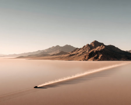 A minimalistic overhead shot captures a lone car speeding across vast desert terrain. The image features dramatic mountains and a serene landscape, evoking a sense of adventure and freedom.の素材
