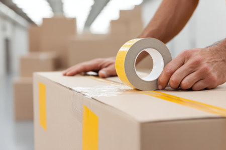 A man is wrapping a box with tape. The box is brown and has yellow tape on itの素材