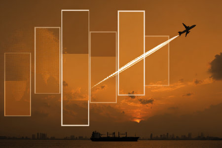 A plane is flying over a city with a sunset in the background. The image has a sense of freedom and adventure, as well as a feeling of excitement and anticipation. The airplane represents travelの素材