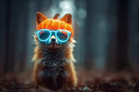 A small fox is wearing glasses and a pumpkin hat, sitting on the ground. The fox appears to be relaxed and comfortable in its costumeの素材