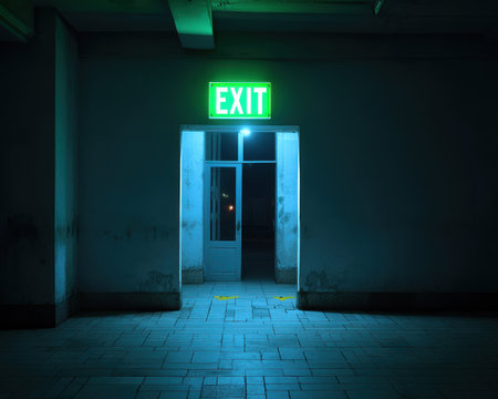 A green exit sign is lit up in a dark room. The room is empty and the only light source is the sign. Scene is eerie and ominousの素材