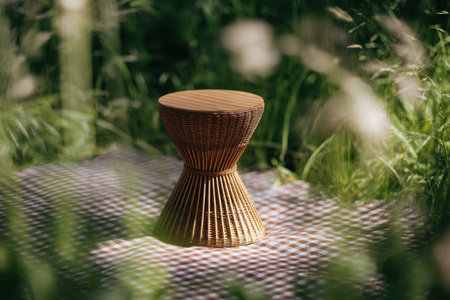Woven Rattan Pedestal on Picnic Blanket Surrounded by Nature in Soft Lightの素材