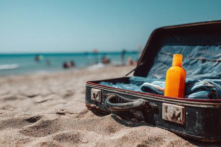 Minimalist Beach Scene with Open Suitcase, Sunscreen Bottle, and Relaxing Summer Vibesの素材