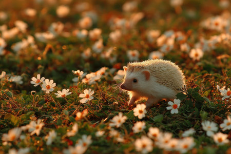 Hedgehog Scurrying Through Meadow Filled With Blossoms in Soft Golden Light at Duskの素材