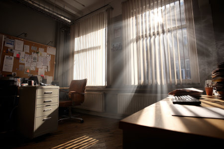 Natural Rays of Light Piercing Through Vertical Blinds in an Office Settingの素材