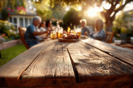 Rustic Wooden Table in Foreground Surrounded by Blurry Landscape and Happy Gatheringsの素材