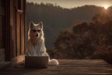 Majestic Wolf Seated Calmly on Wooden Deck with Laptop at Sunset in Serene Environmentの素材
