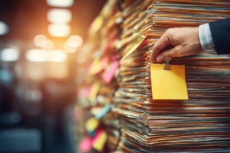 Hand Placing Sticky Note on Document Stack During Validation Process in Office Environmentの素材