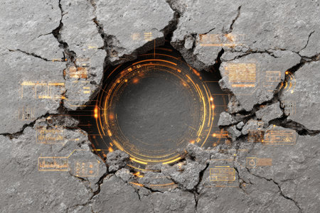 Glowing High-Tech UI Panels Emerging from a Broken Slate Wall with Cracks and Concrete Textureの素材