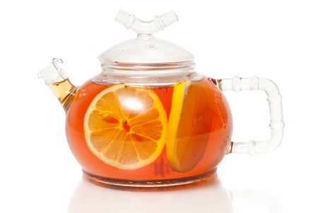 Tea in Glass Teapot With Lemon Sliceの写真素材