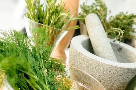 Fresh Herbs and Mortar for spices clode upの写真素材