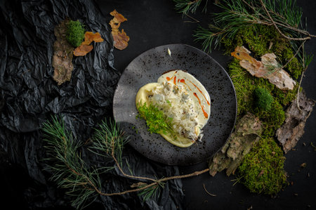 Dorado fillet with potato mousse and papayaの写真素材