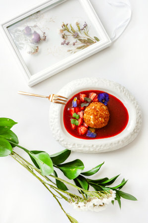 Dessert fried ice cream in strawberry sauce with berries. Top view with copy space on white table