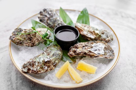 Plate with oysters on ice with lemon and sauce on a marble tableの写真素材