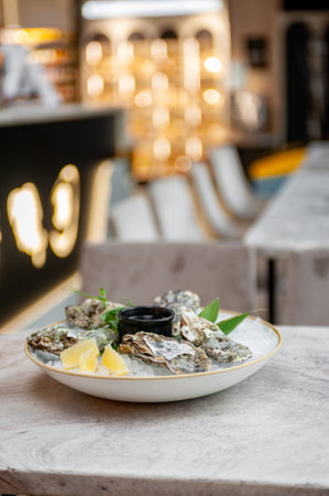 Plate with oysters on ice with lemon and sauce on a marble tableの写真素材