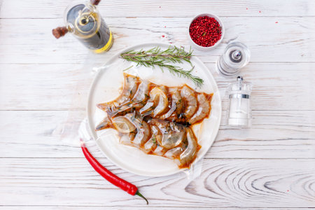 Fresh shrimp. Raw shrimp with spices and herbs ingredients for cooking on white wooden background. Top view.の写真素材