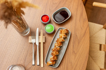 Classic Bonito sushi roll set with tuna flakes, salmon and avocado. Japanese dish of fresh salmon and rice. High quality photoの写真素材