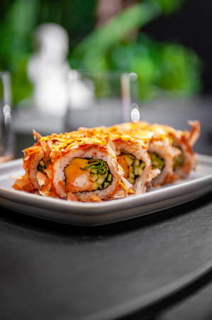 Sushi roll with tuna flakes, tempura shrimp, mango and cucumber on a plate close-up. High quality photoの写真素材