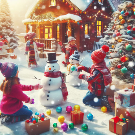 Happy children gathering in snow-covered yard together sculpting funny snowman from snow.の素材