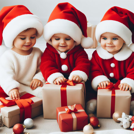 funny baby dressed in Santa Claus hat on bright festive backgroundの素材