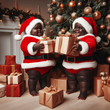 funny baby dressed in Santa Claus hat on bright festive backgroundの素材