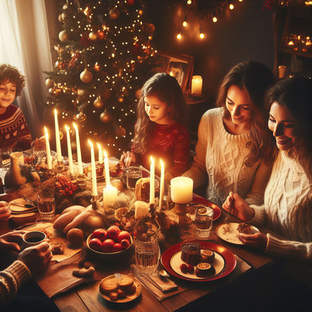 Happy friends with sparklers celebrating Christmas at home feast.の素材
