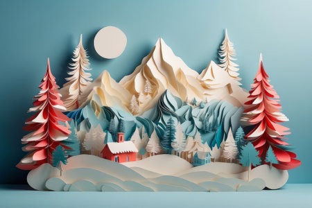 Winter season landscape with snow, pine forest and mountains for merry christmas.の素材