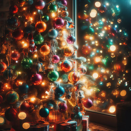 Interior Ð¡hristmas. magic glowing tree, gifts in dark at nightの素材