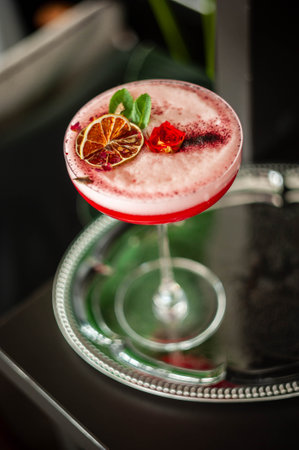 Pink lady alcoholic cocktail drink with gin, grenadine syrup and lemon juiceの写真素材