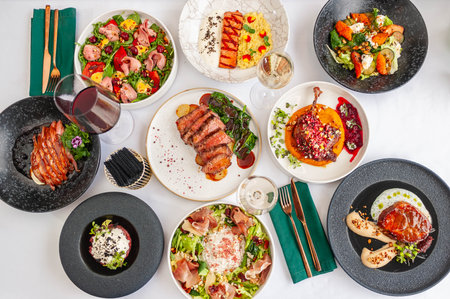 Meat dishes. Plates of various meat. Non vegetarian food banner. Top view.の写真素材