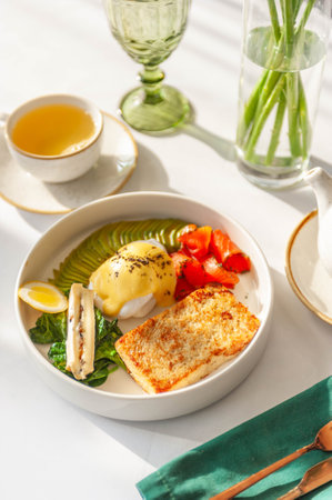 Light breakfast in a restaurant with green tea, toast, egg, avocado and salmon
