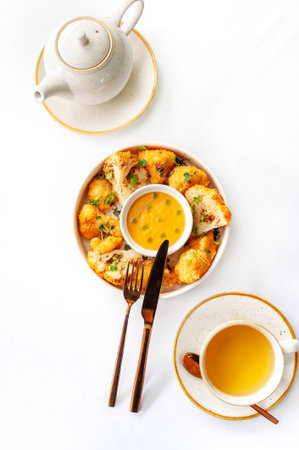 Light breakfast in a restaurant with green tea and baked cauliflowerの写真素材