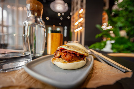 Little Bao chicken burger close up. Best asian burger ever. Not vegan.の写真素材