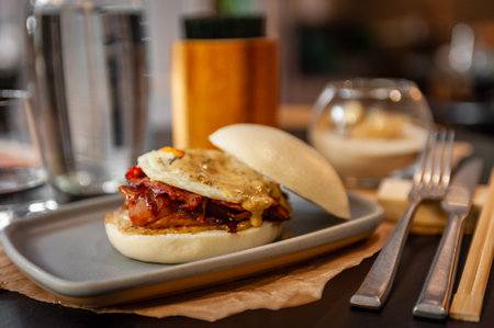 Little Bao delicious chicken burger close up. Best asian burger ever. Not vegan.の写真素材