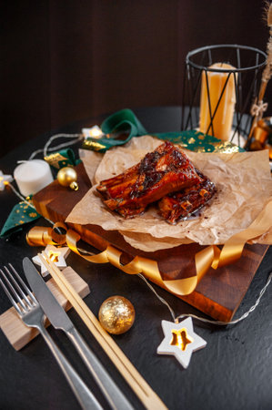Traditional festive food for Christmas fried ribsの写真素材