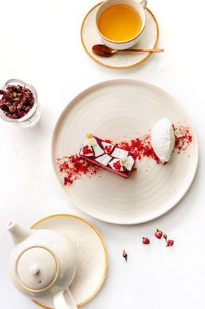 Sakura dessert with cherry marshmallow, white chocolate and ice creamの写真素材