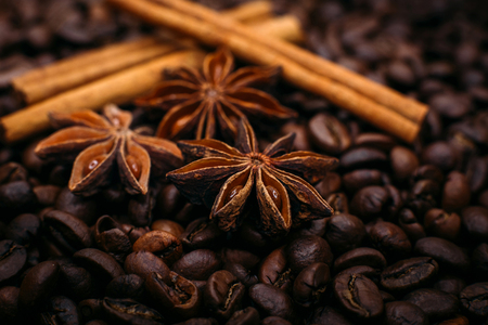 Anise stars and cinnamon on roasted coffee beansの写真素材