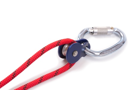 Climbing equipment - pulley, rope, carabiner  Isolated on a white  の写真素材