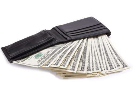 black leather wallet with money isolated on white background 