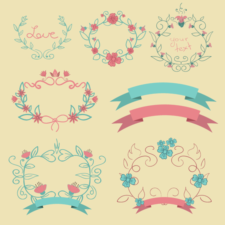 Romantic set with  colour labels ribbons  flowers eps 10のイラスト素材