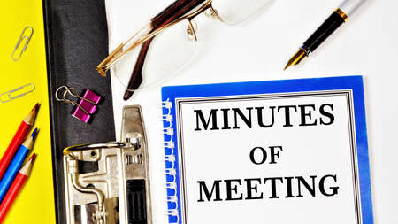 Meeting minutes - text label in the Registrar's folder. A document that records the event, fact, and consent of the meeting. Contains a verbatim record of speeches kept by the Secretary.の写真素材
