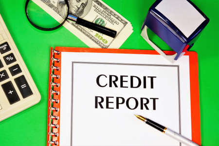 Credit report-text label in the office Registrar's planning folder. Review of the effectiveness of financial planning.の写真素材