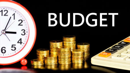 Budget - text inscription on the background of money coins. Drawing up a strategy for the tasks of the event concept, the goal of achieving profit in the future.の写真素材