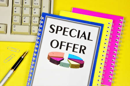 Special offer-a text label in the planning Notepad. Study of the financial success of the investment strategy and prospects for the future.の写真素材